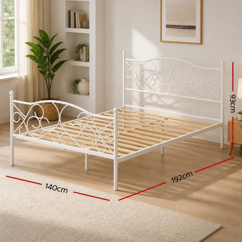 Double Bed Frame Metal Hollow Out Headboard White Storage 192 x 140 x 93cm