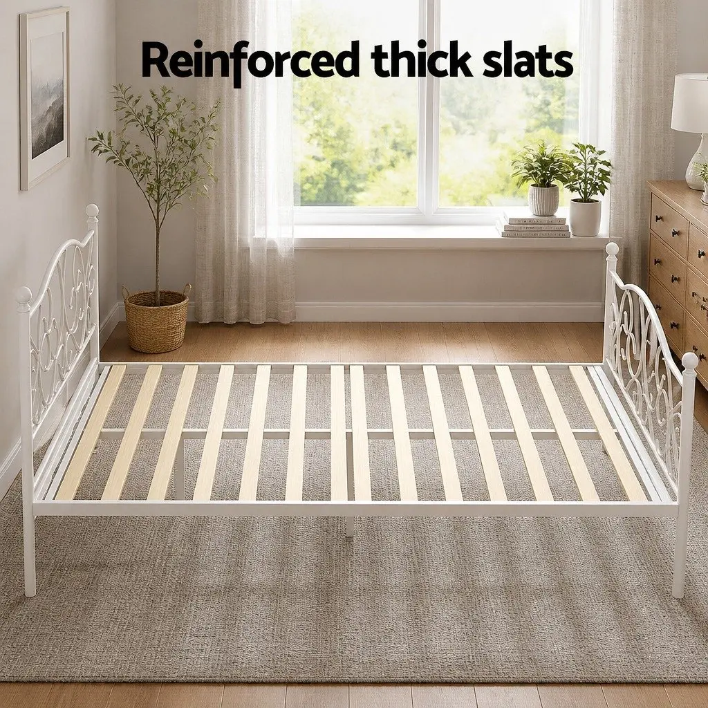Double Bed Frame Metal Hollow Out Headboard White Storage 192 x 140 x 93cm