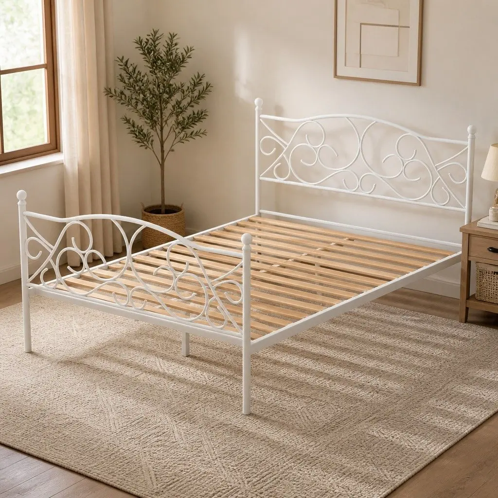 Double Bed Frame Metal Hollow Out Headboard White Storage 192 x 140 x 93cm