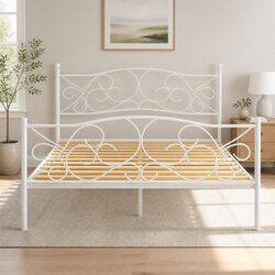 Queen Size Metal Bed Frame White Hollow Design Bedroom Furniture Platform Slats