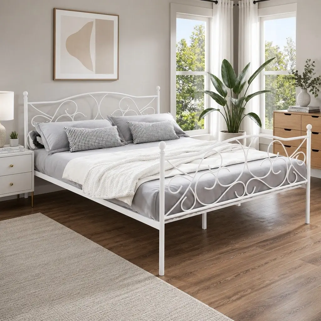 Queen Size Metal Bed Frame White Hollow Design Bedroom Furniture Platform Slats