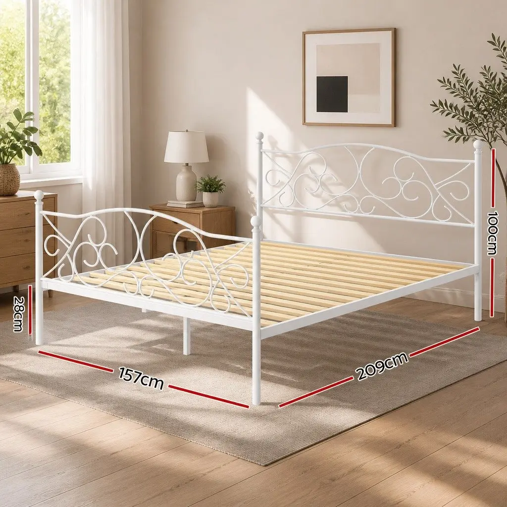Queen Size Metal Bed Frame White Hollow Design Bedroom Furniture Platform Slats