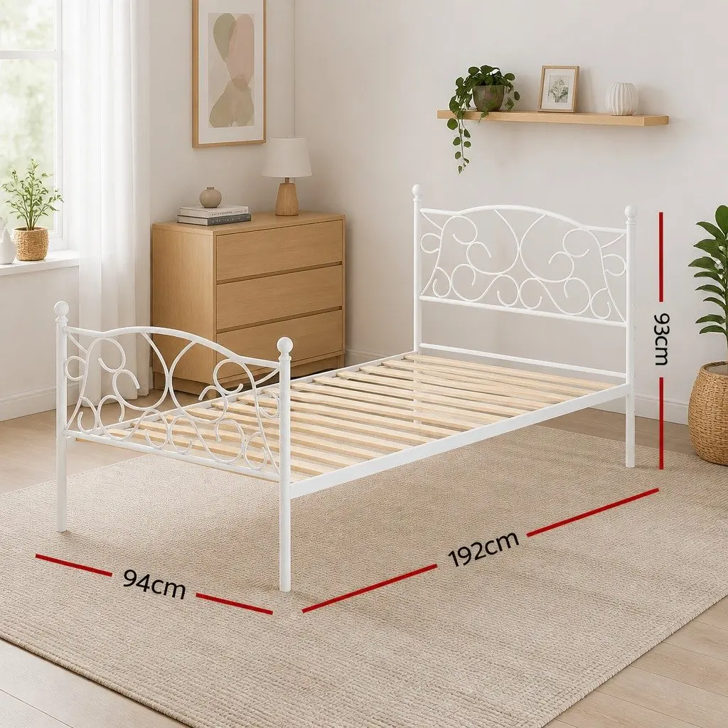 Single Bed Frame White Metal Platform with Storage Space 192 x 94 x 93cm