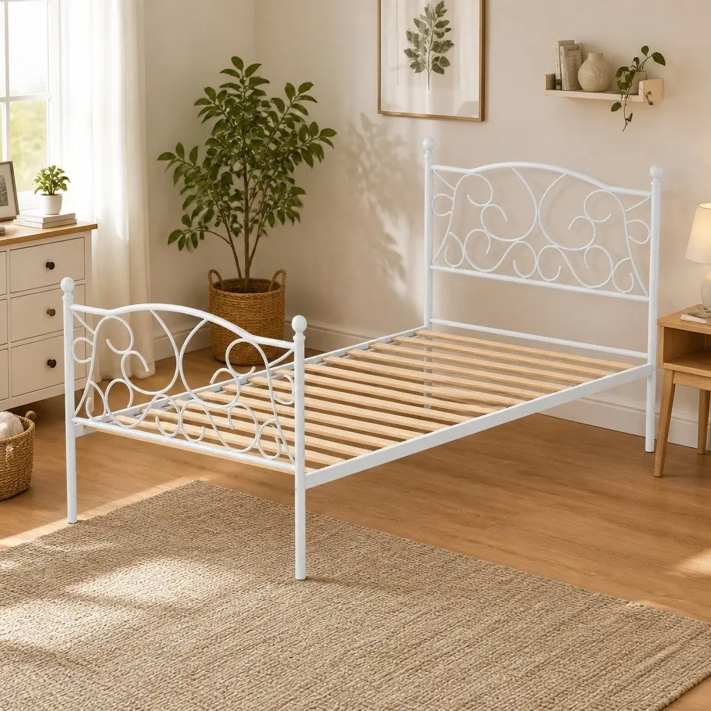 Single Bed Frame White Metal Platform with Storage Space 192 x 94 x 93cm