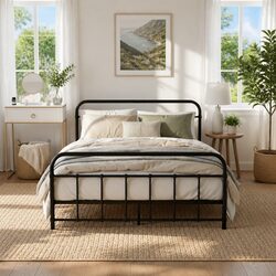 Double Metal Bed Frame Country Style Steel Slat Base Black Bedroom Furniture