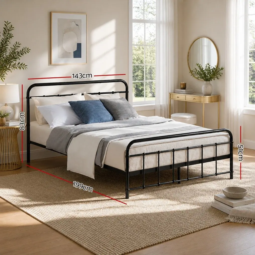 Metal Bed Frame Black Powder-Coated Steel Country Style Standard Double Size