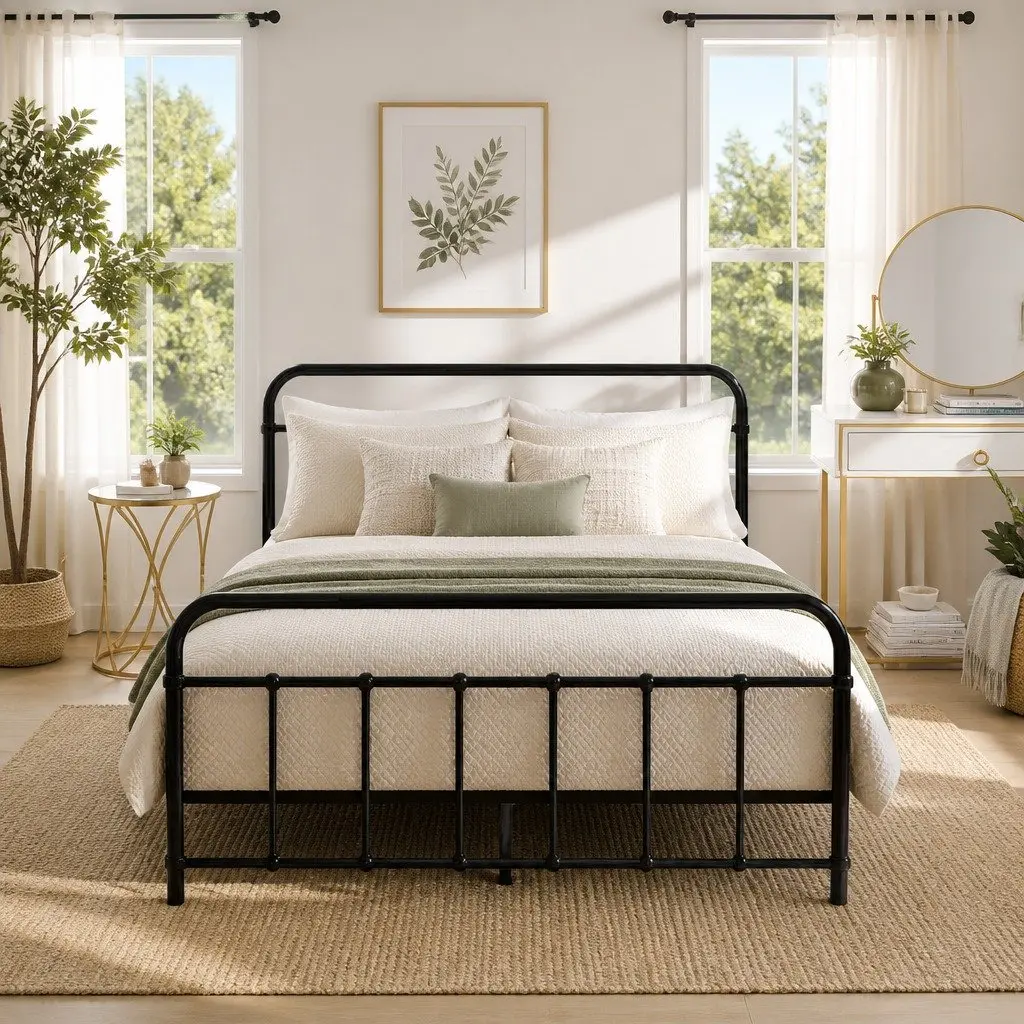 Metal Bed Frame Black Powder-Coated Steel Country Style Standard Double Size