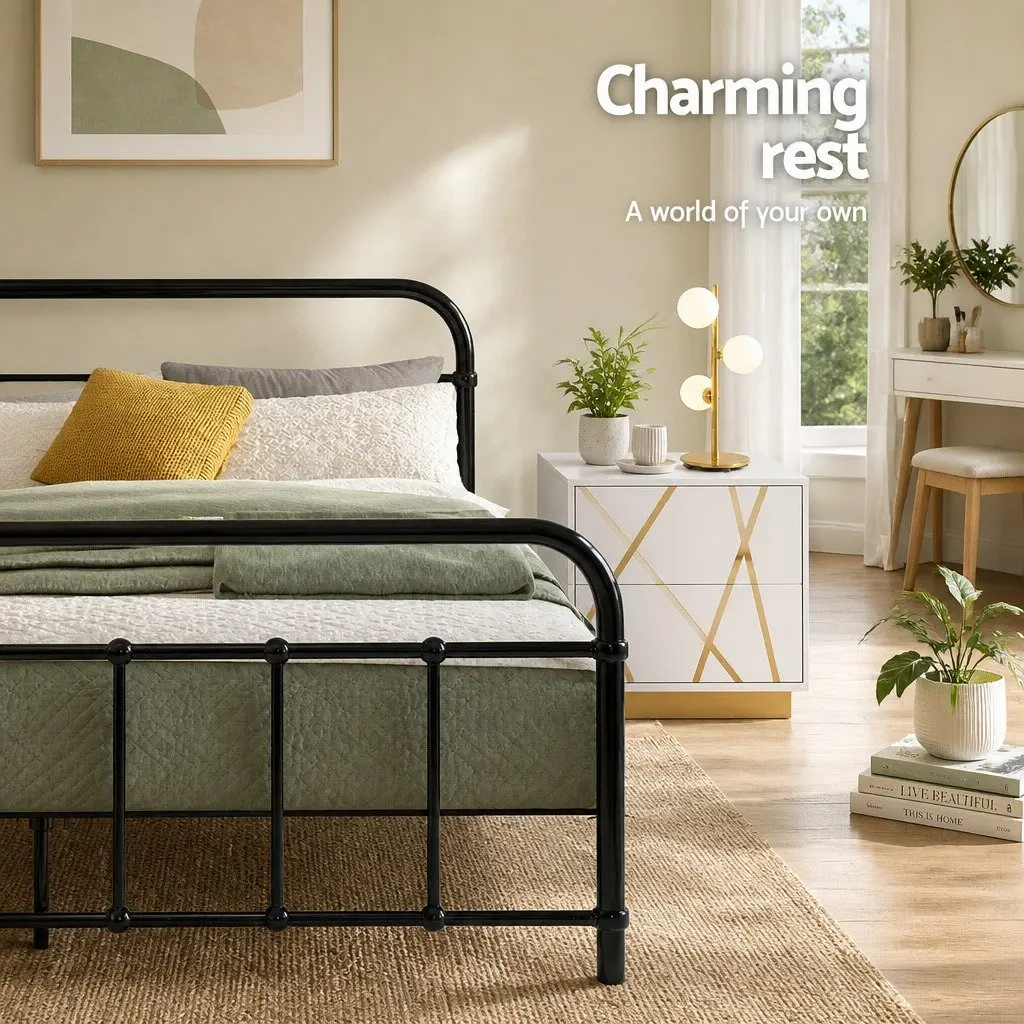 Metal Bed Frame Black Powder-Coated Steel Country Style Standard Double Size
