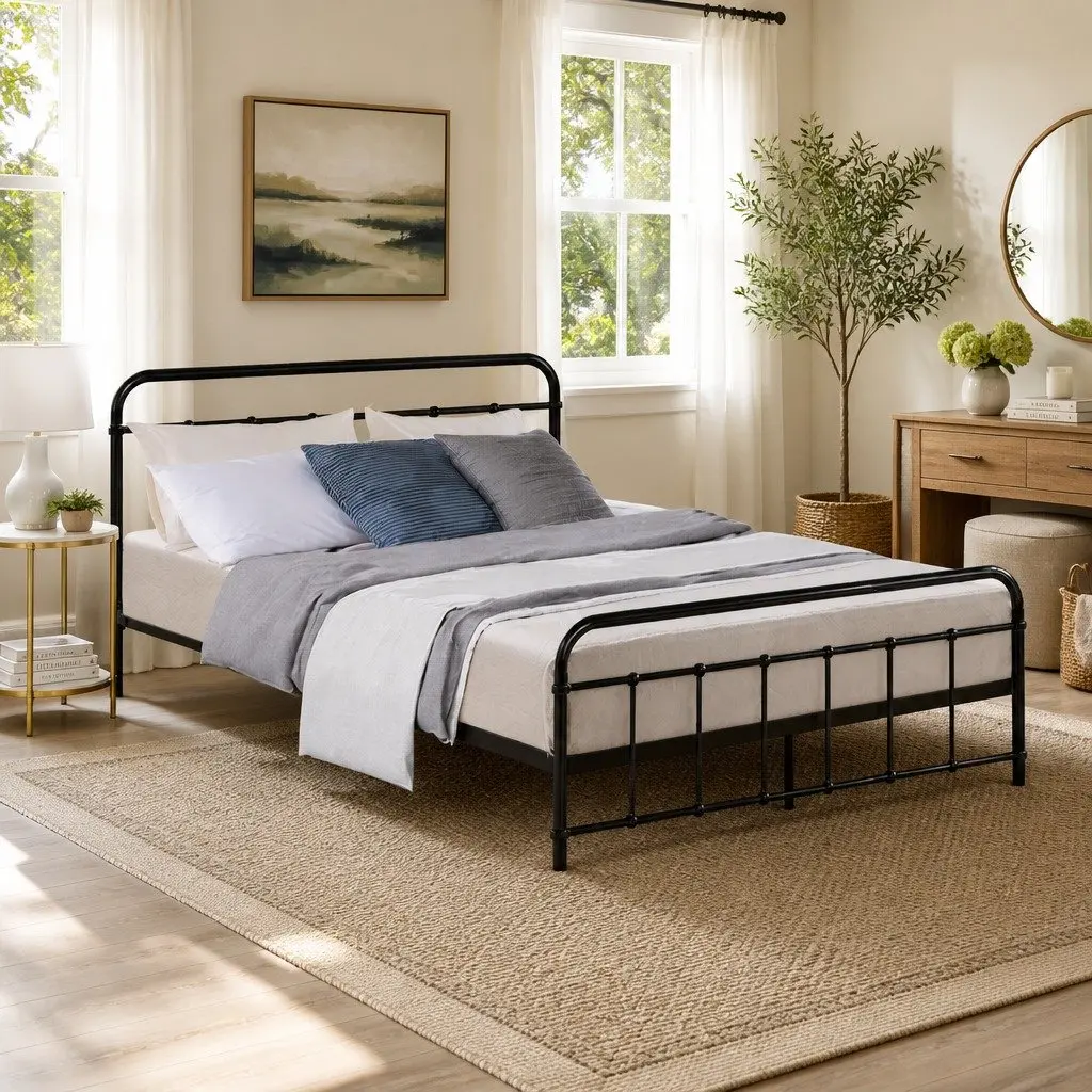 Metal Bed Frame Black Powder-Coated Steel Country Style Standard Double Size