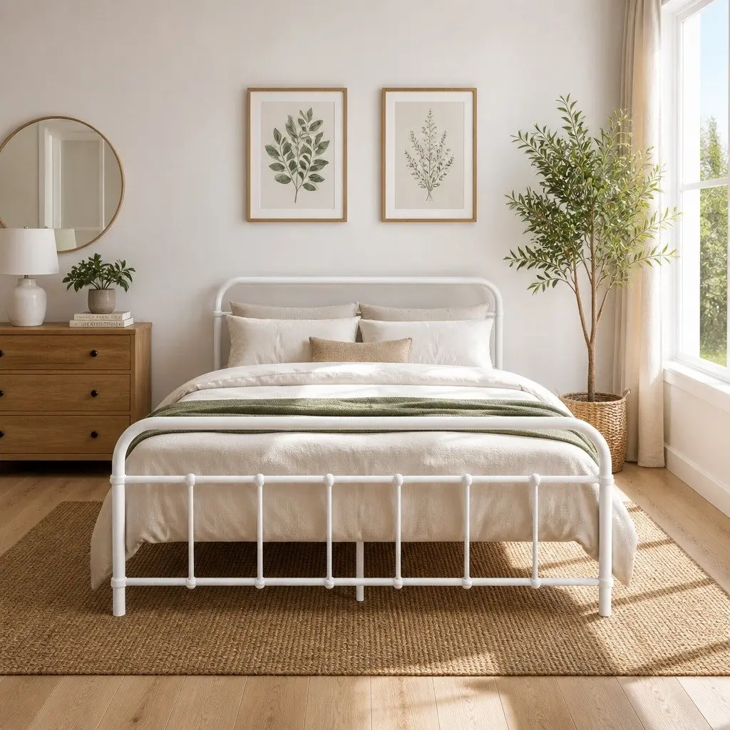 Double Metal Bed Frame Country Style White Powder-Coated Steel for Standard Australian Double Mattress