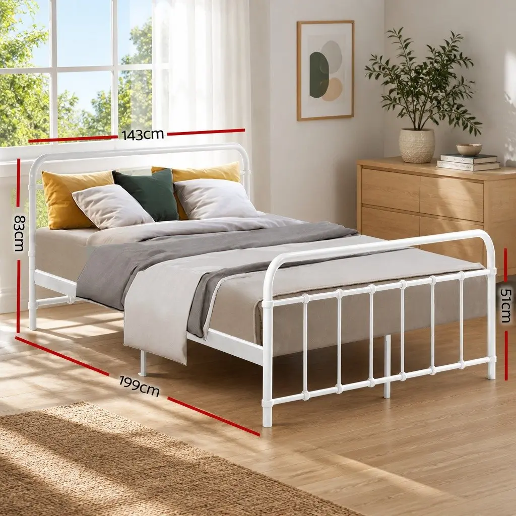 Double Metal Bed Frame Country Style White Powder-Coated Steel for Standard Australian Double Mattress