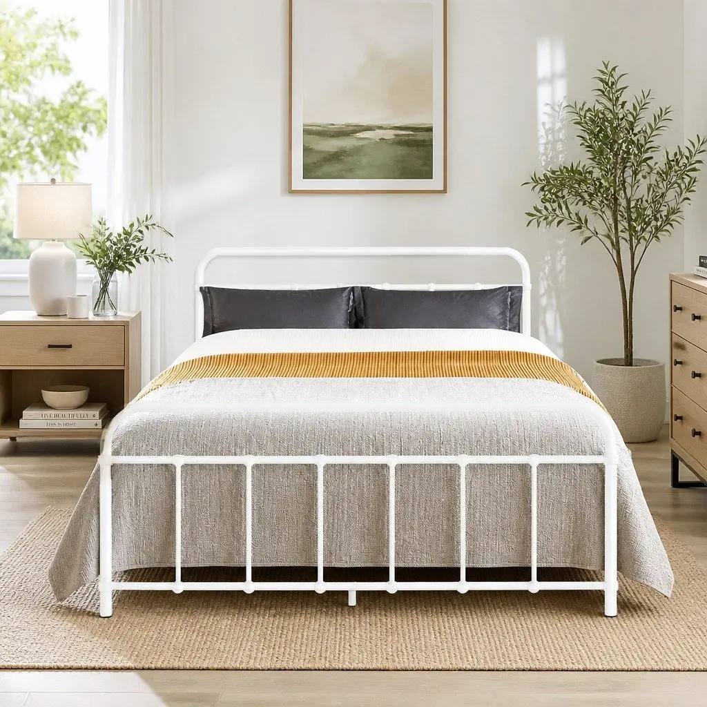 Double Metal Bed Frame Country Style White Powder-Coated Steel for Standard Australian Double Mattress