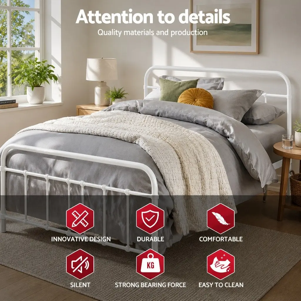 Double Metal Bed Frame Country Style White Powder-Coated Steel for Standard Australian Double Mattress