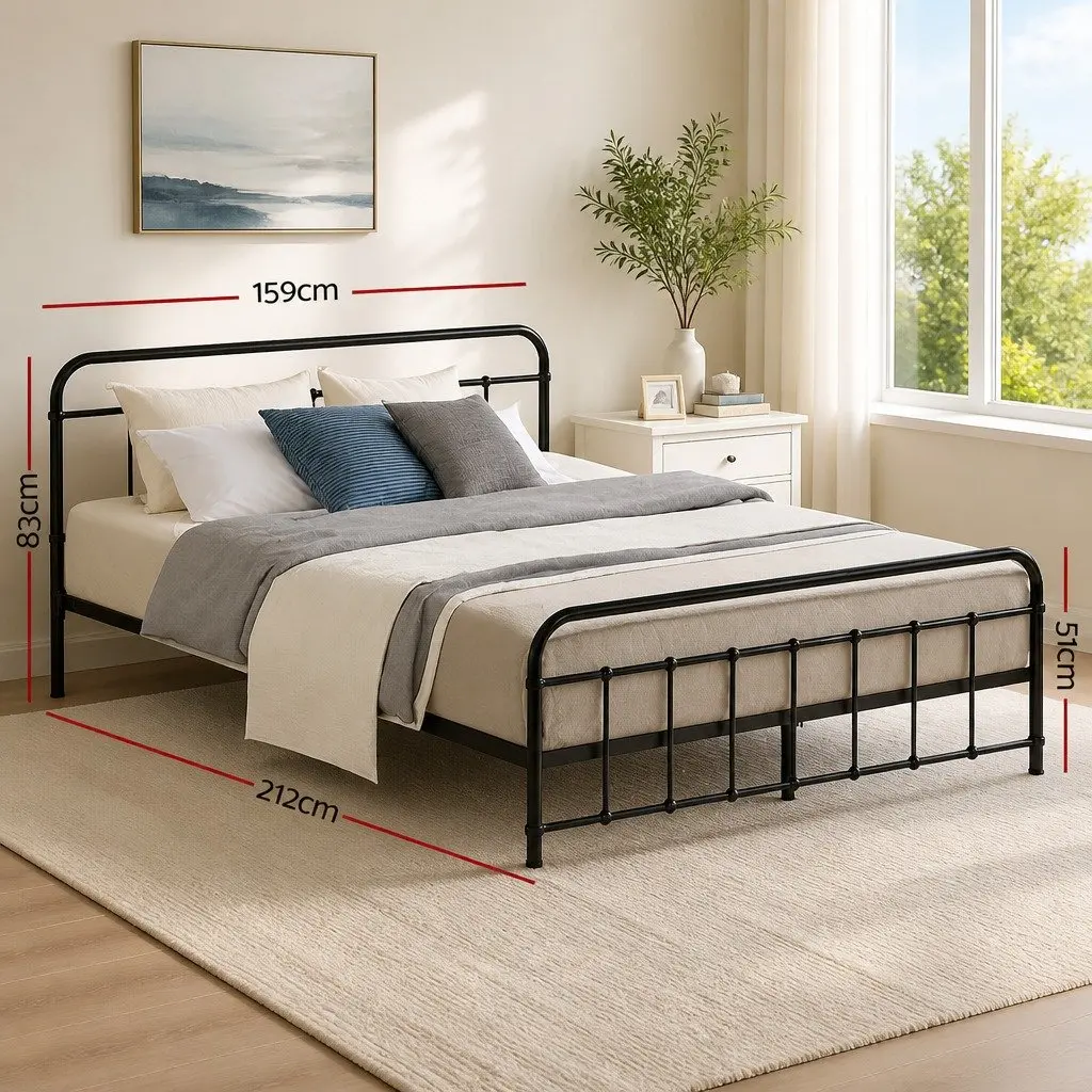 Metal Bed Frame Country Style Powder-Coated Steel Queen Size with Underneath Storage Black