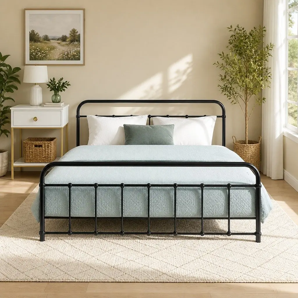 Metal Bed Frame Country Style Powder-Coated Steel Queen Size with Underneath Storage Black