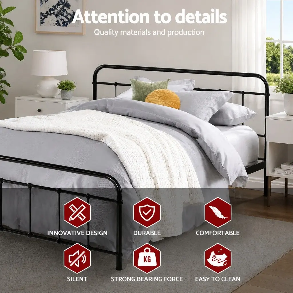 Metal Bed Frame Country Style Powder-Coated Steel Queen Size with Underneath Storage Black