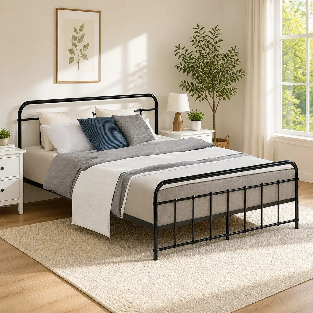 Metal Bed Frame Country Style Powder-Coated Steel Queen Size with Underneath Storage Black