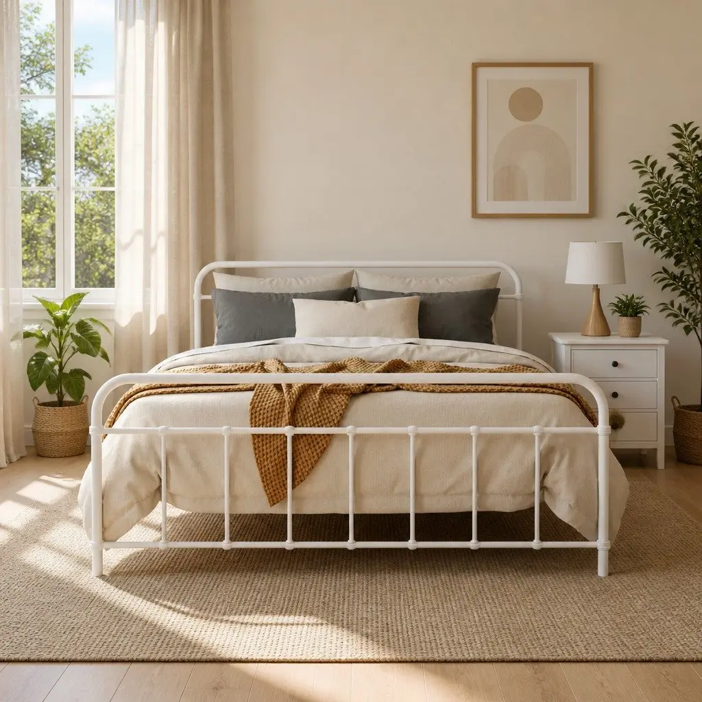 Queen Metal Bed Frame Country Style White Steel Slat Support Storage Underneath