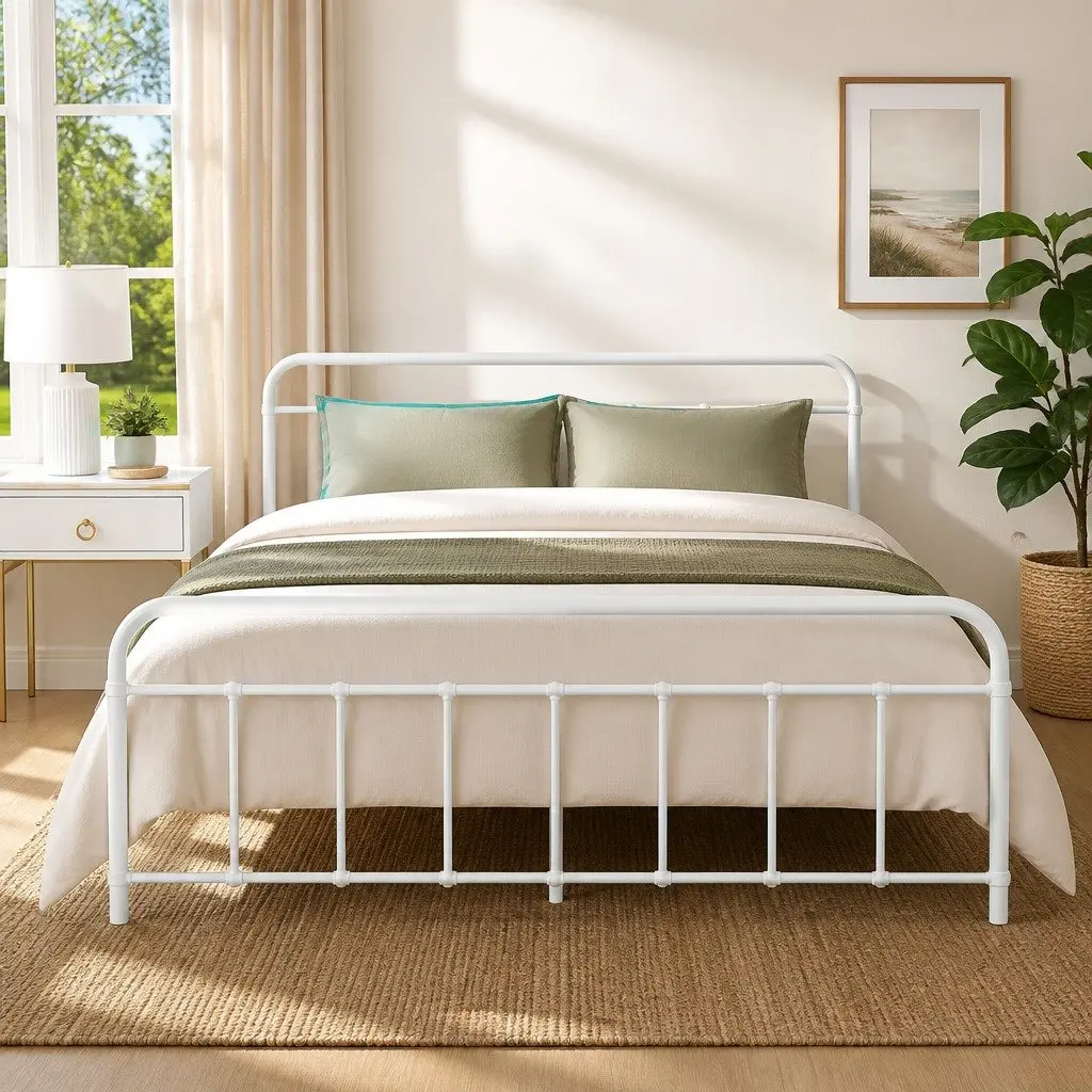 Queen Metal Bed Frame Country Style White Steel Slat Support Storage Underneath