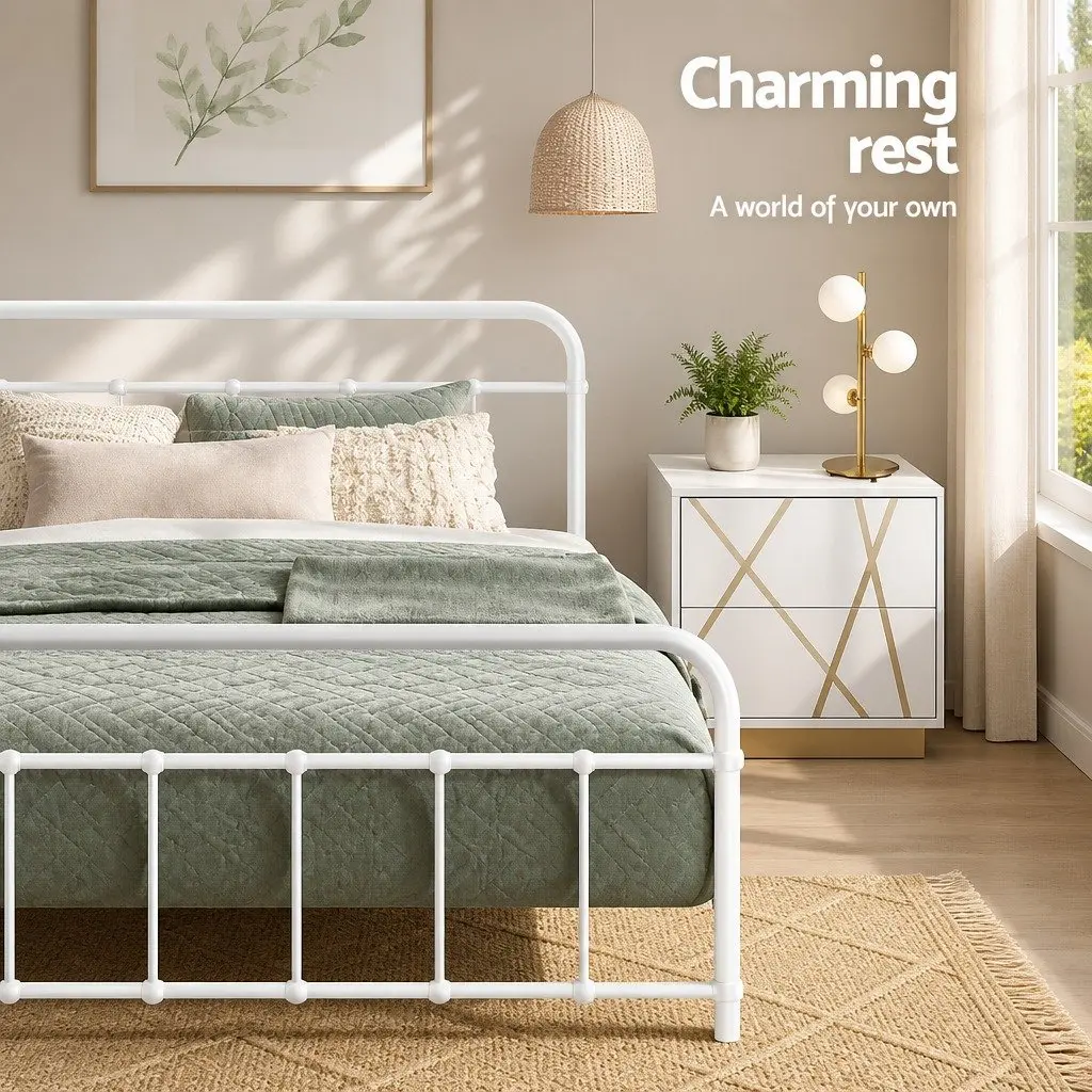 Queen Metal Bed Frame Country Style White Steel Slat Support Storage Underneath