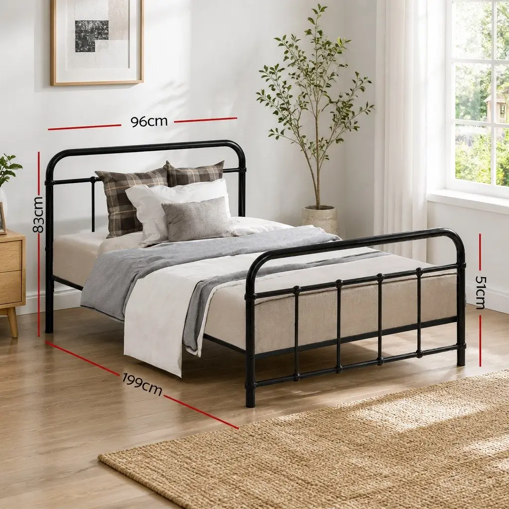 Single Metal Bed Frame Black Country Style Steel 190cm x 90cm