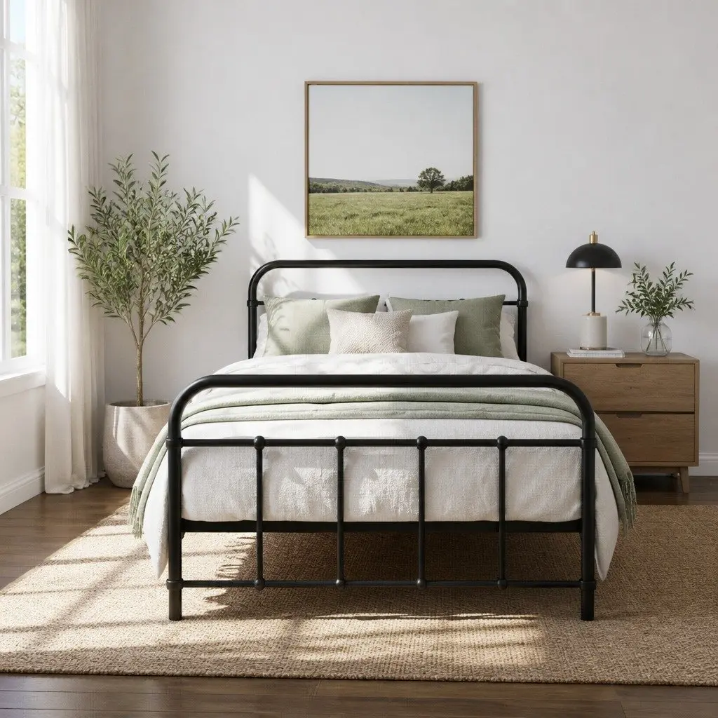 Single Metal Bed Frame Black Country Style Steel 190cm x 90cm