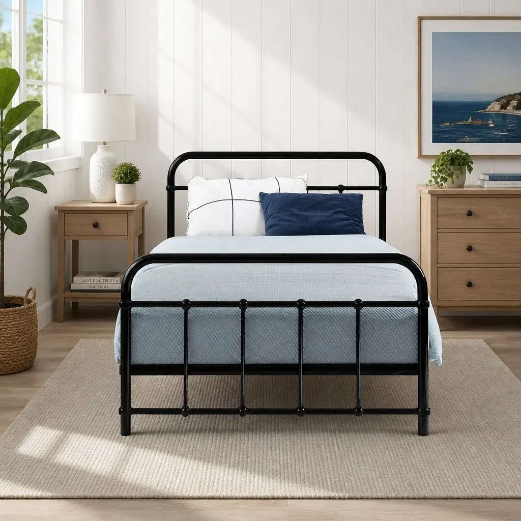 Single Metal Bed Frame Black Country Style Steel 190cm x 90cm