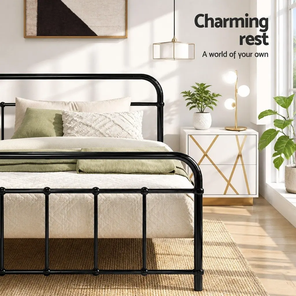Single Metal Bed Frame Black Country Style Steel 190cm x 90cm