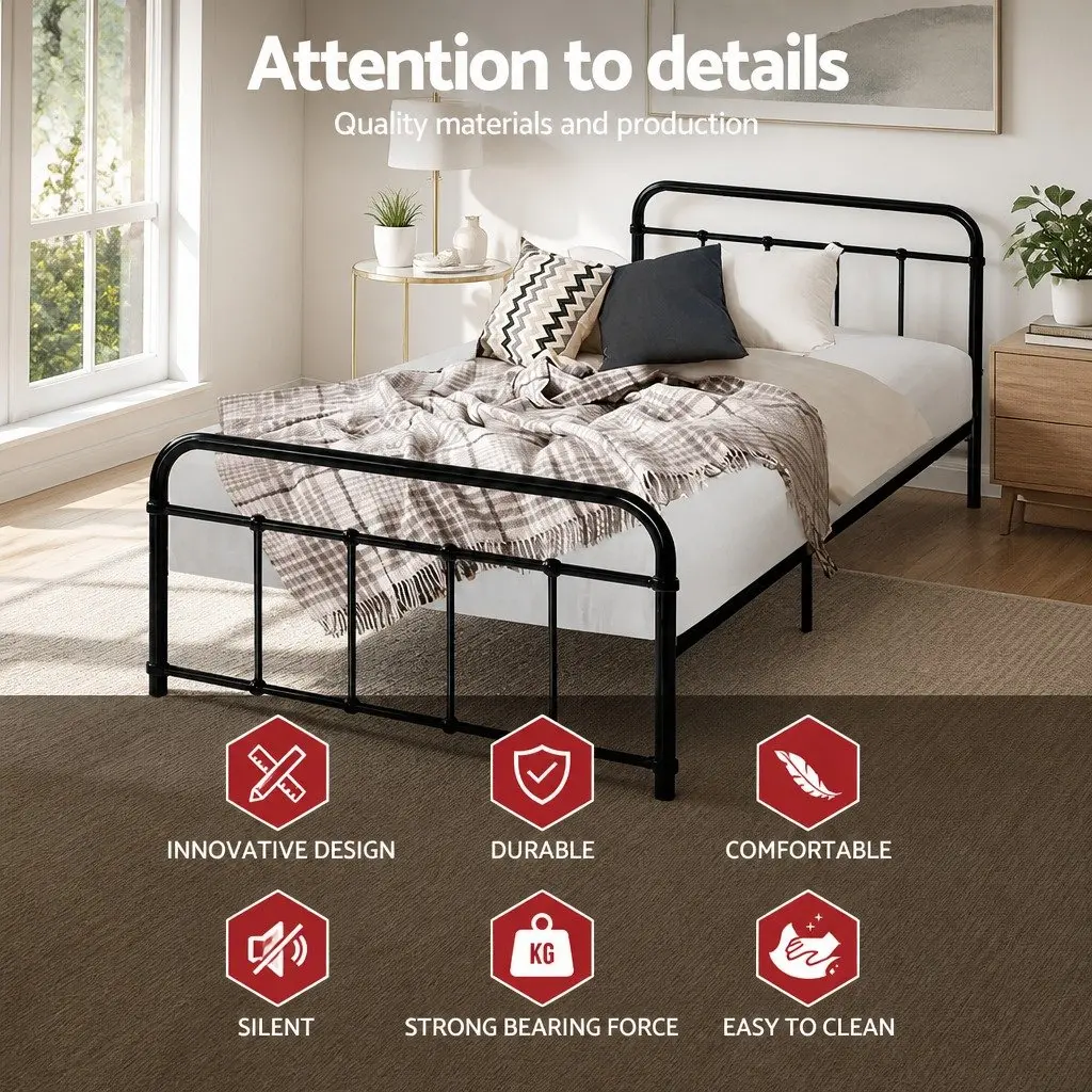 Single Metal Bed Frame Black Country Style Steel 190cm x 90cm