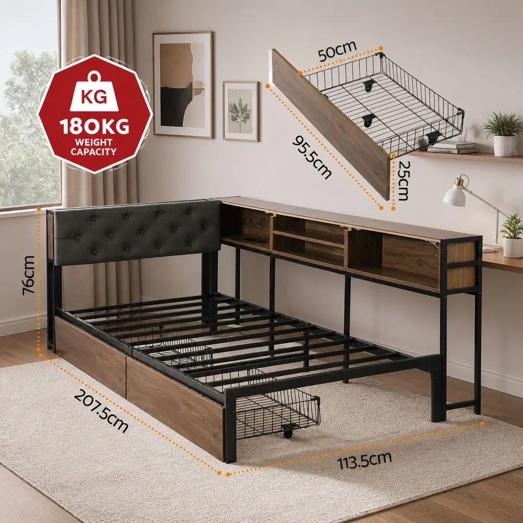Single Bed Frame with Storage Drawers Charging Station Metal Base Bedroom