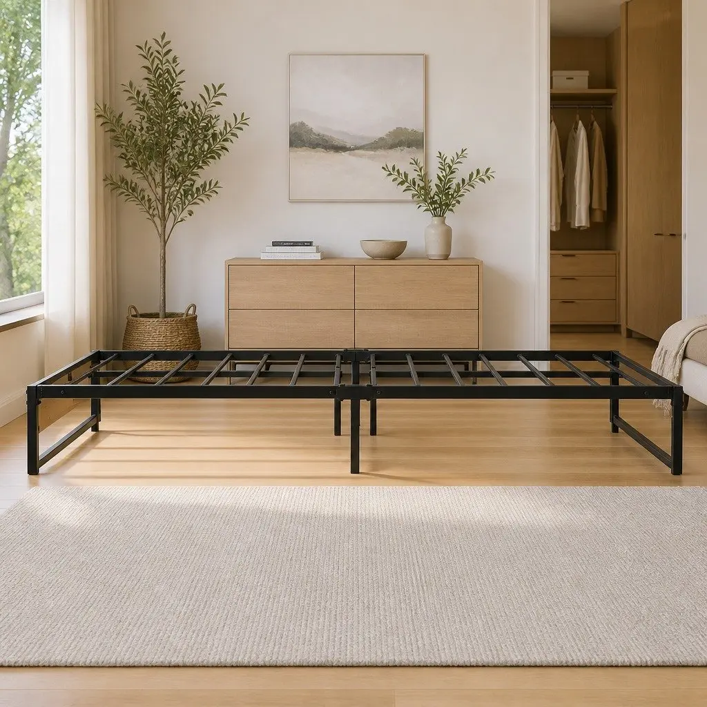 Queen Size Metal Bed Frame with Dark Wood Accents Industrial Style Sturdy Steel Construction
