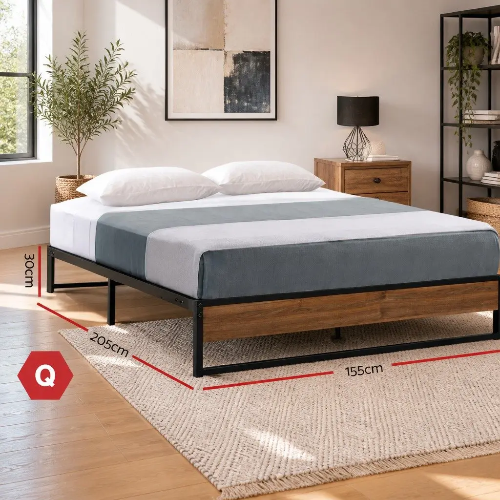 Queen Size Metal Bed Frame with Dark Wood Accents Industrial Style Sturdy Steel Construction