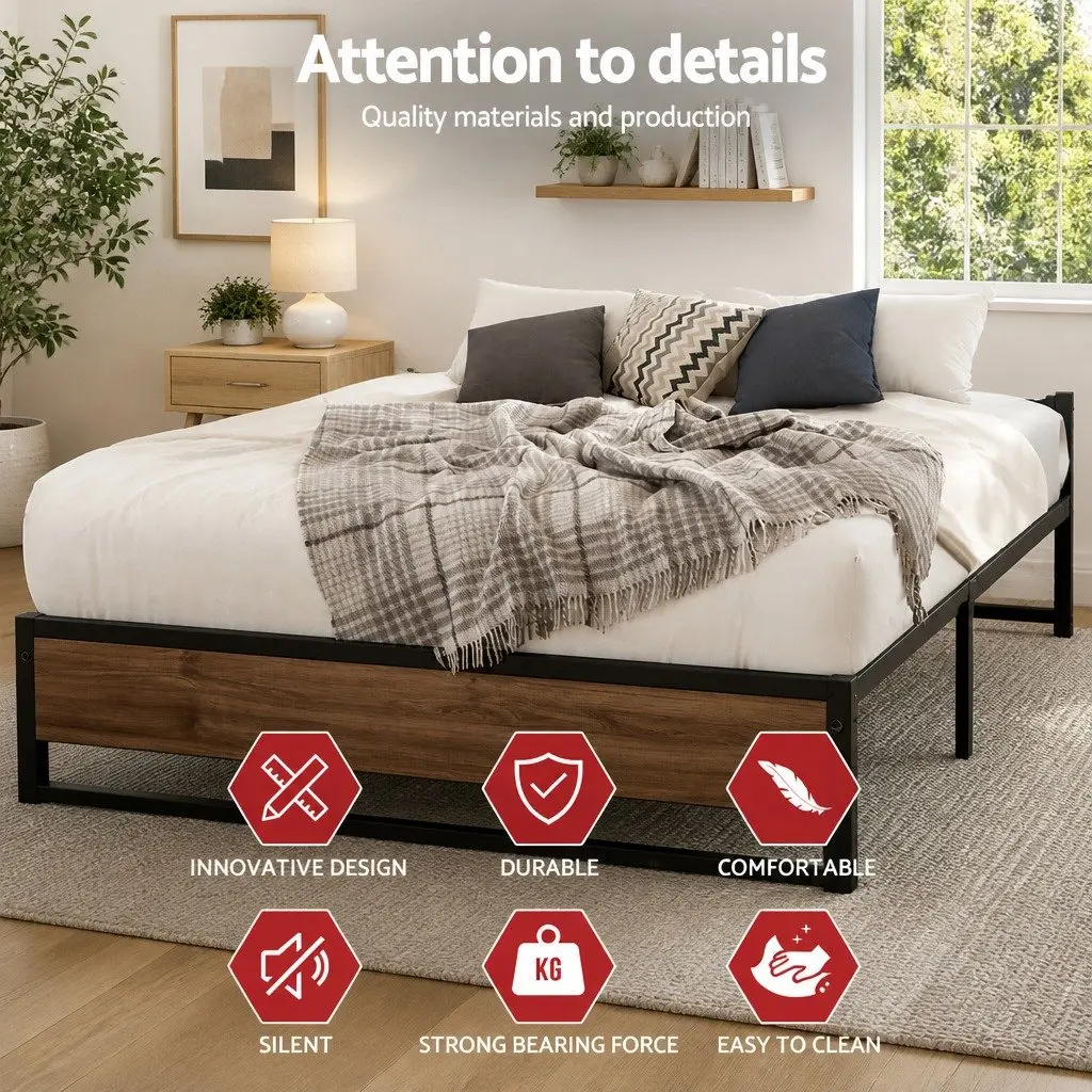 Queen Size Metal Bed Frame with Dark Wood Accents Industrial Style Sturdy Steel Construction