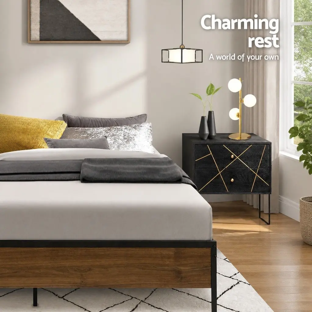 Queen Size Metal Bed Frame with Dark Wood Accents Industrial Style Sturdy Steel Construction