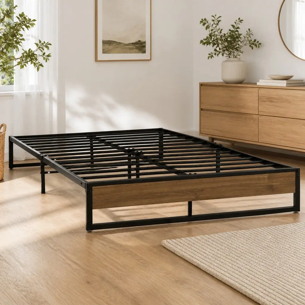 Queen Size Metal Bed Frame with Dark Wood Accents Industrial Style Sturdy Steel Construction