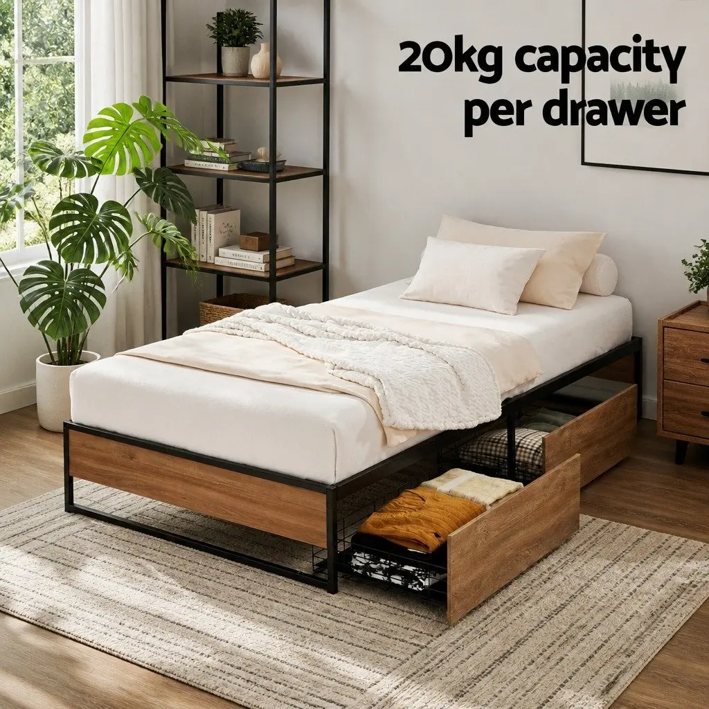 Single Bed Frame with 2 Storage Drawers Metal Base Industrial Design Furniture