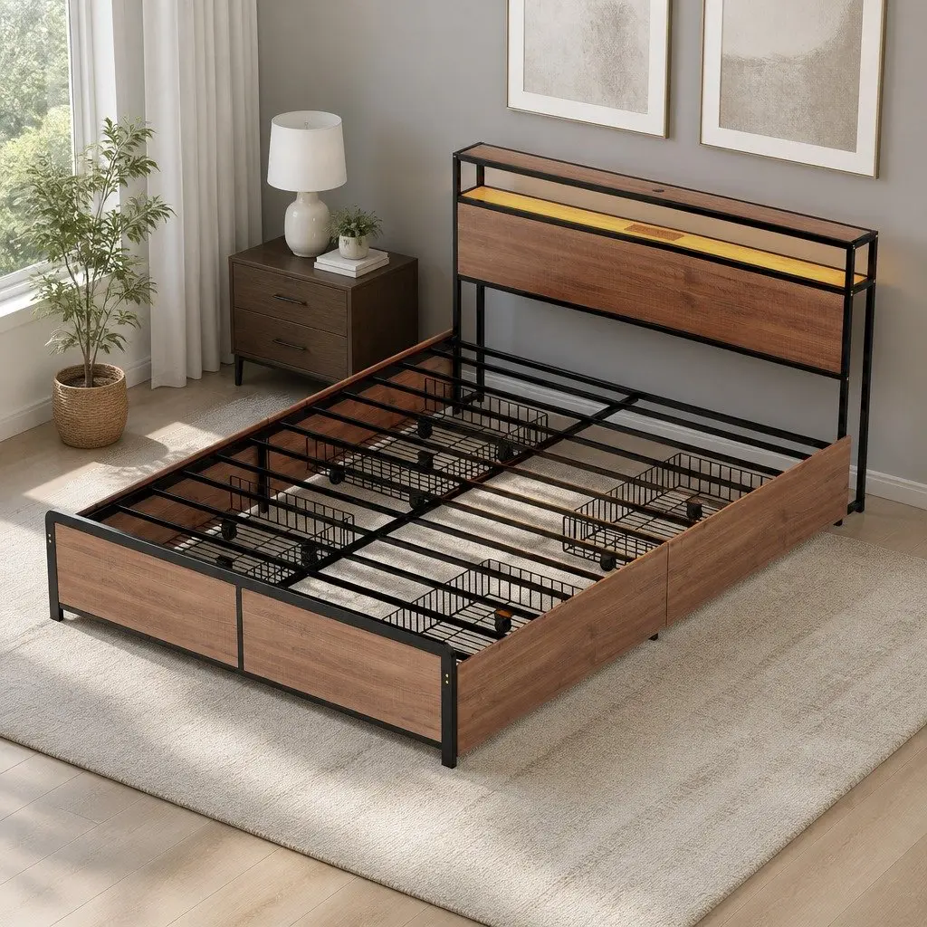 Double Bed Frame Metal LED Headboard 4 Storage Drawers USB Charging Black