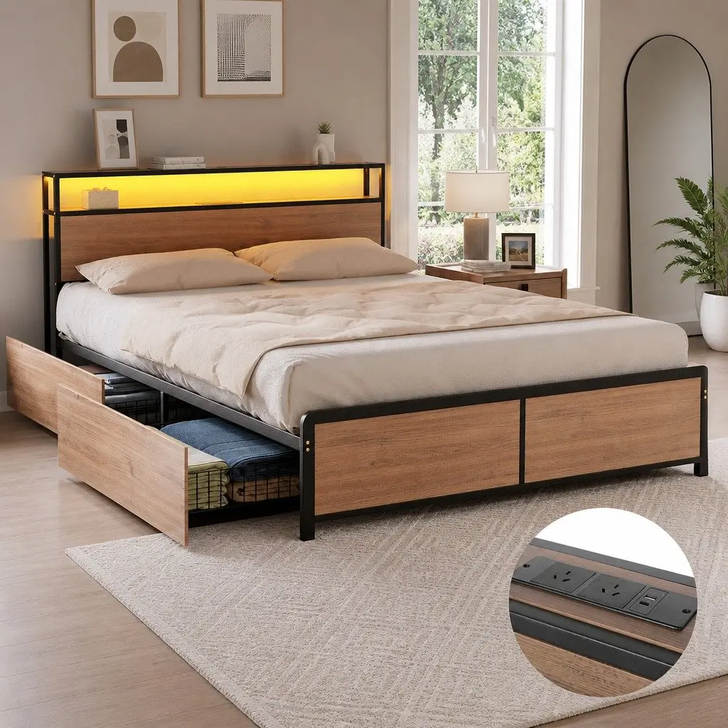 Double Bed Frame Metal LED Headboard 4 Storage Drawers USB Charging Black