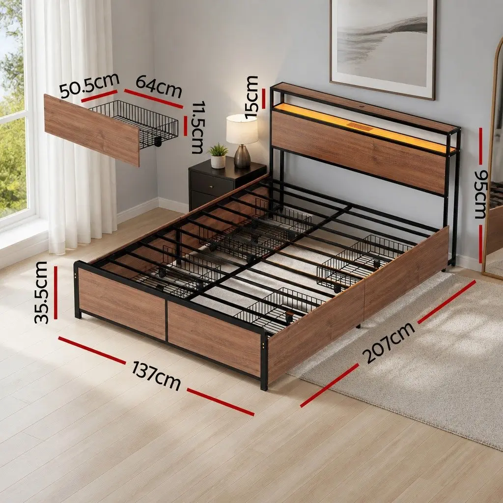 Double Bed Frame Metal LED Headboard 4 Storage Drawers USB Charging Black