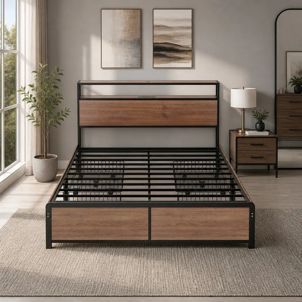 Double Bed Frame Metal LED Headboard 4 Storage Drawers USB Charging Black