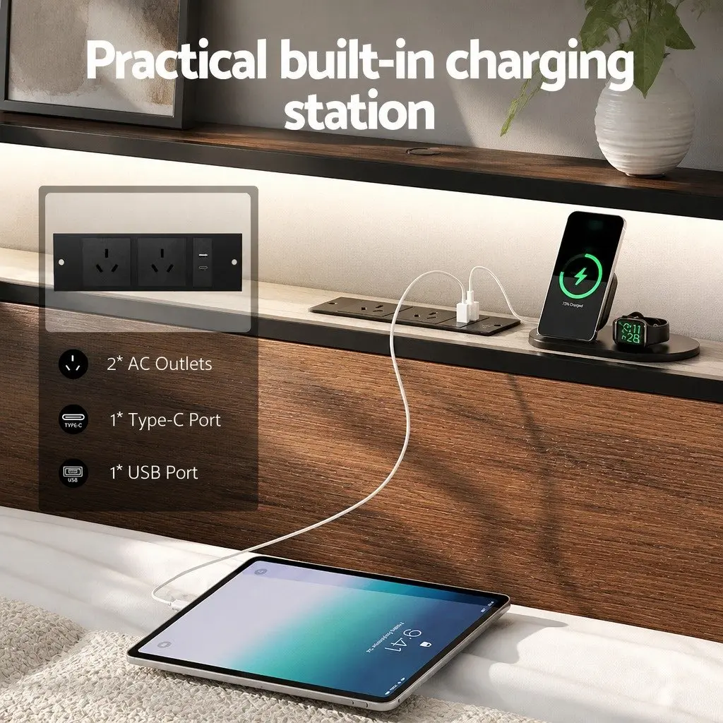 Double Bed Frame Metal LED Headboard 4 Storage Drawers USB Charging Black