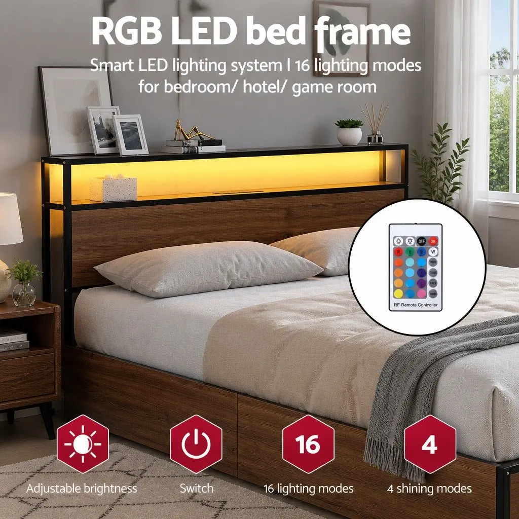 Double Bed Frame Metal LED Headboard 4 Storage Drawers USB Charging Black