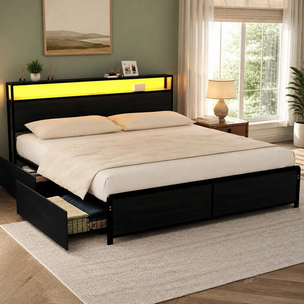King Size Metal Bed Frame with Storage Drawers and LED Charging Station