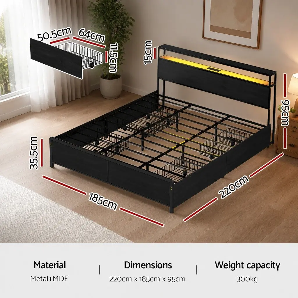 King Size Metal Bed Frame with Storage Drawers and LED Charging Station