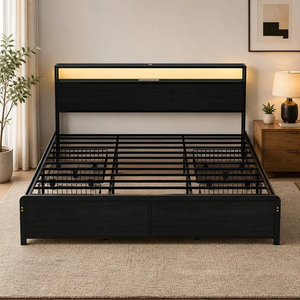 King Size Metal Bed Frame with Storage Drawers and LED Charging Station