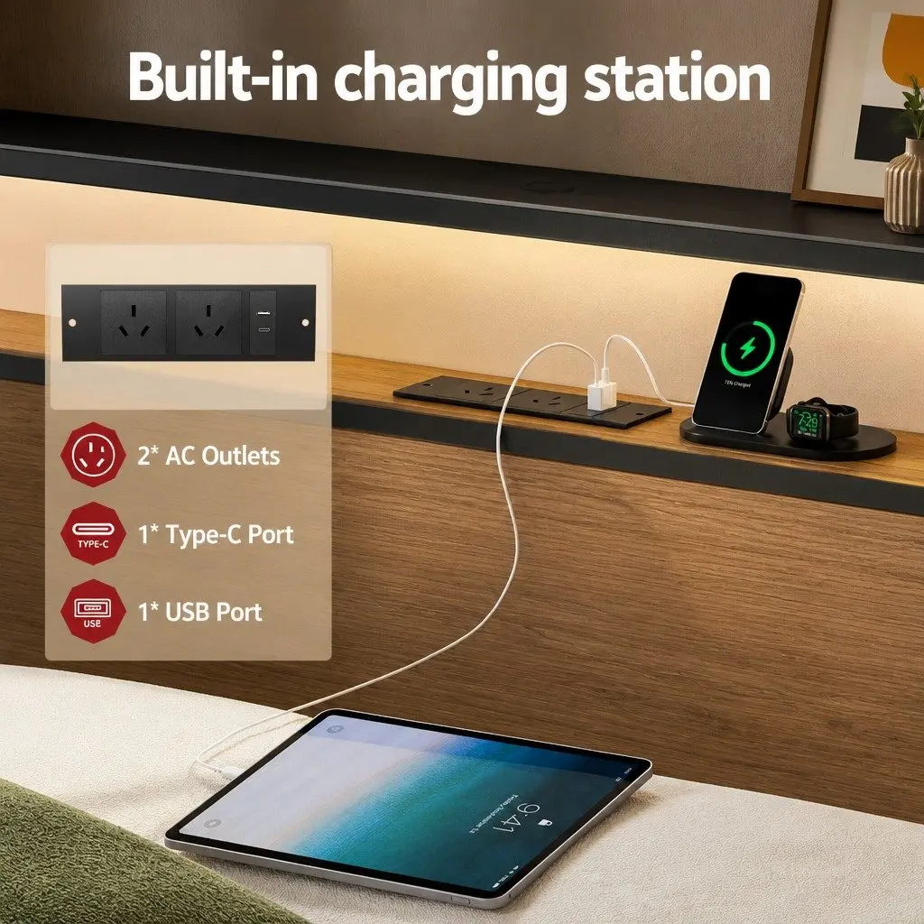 King Size Metal Bed Frame with Storage Drawers and LED Charging Station