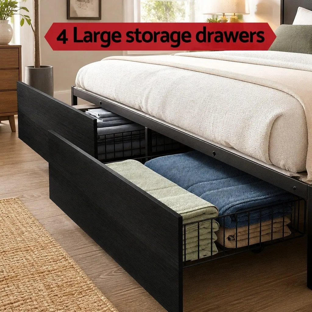 King Size Metal Bed Frame with Storage Drawers and LED Charging Station