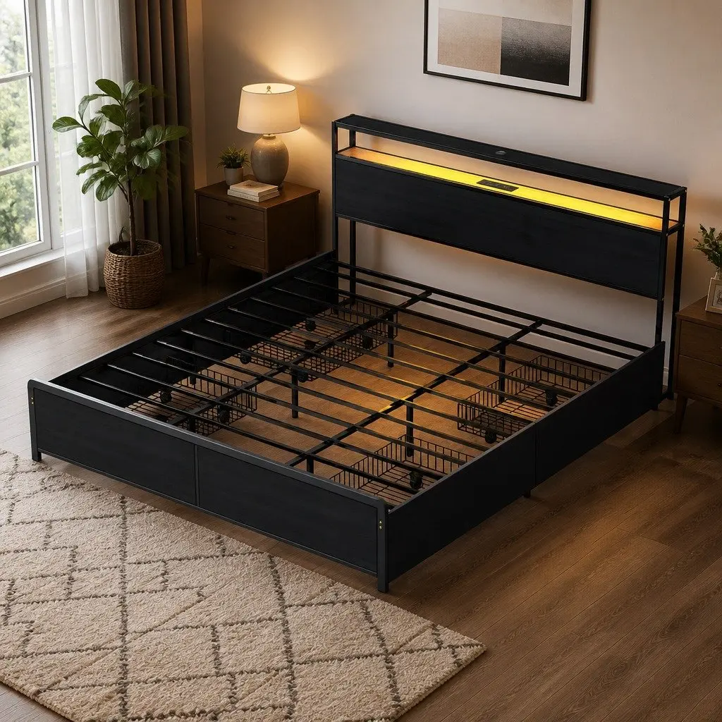 King Size Metal Bed Frame with Storage Drawers and LED Charging Station
