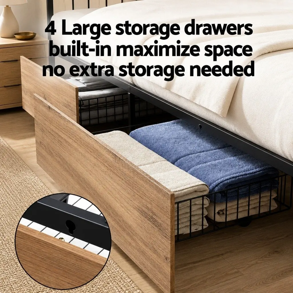 King Size Metal Bed Frame with Storage Headboard 4 Drawers LED Charging Station