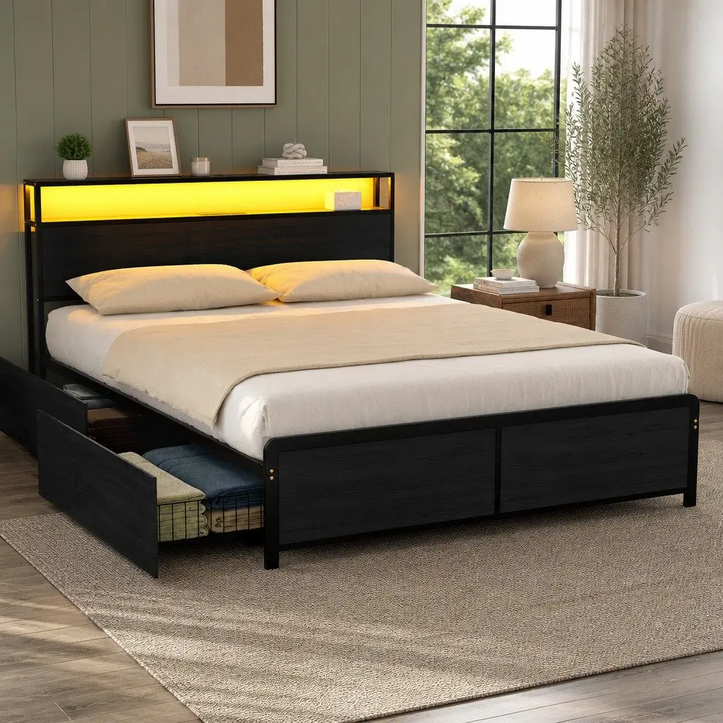 Queen Size Metal Bed Frame with Storage Drawers LED Charging Station Headboard